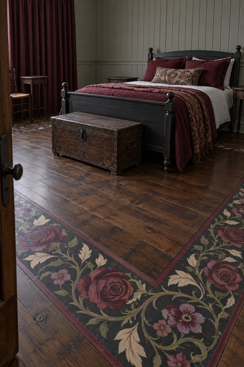Near black bedroom floor border with burgundy roses, plum flowers, cream leaves, and a thin red outline