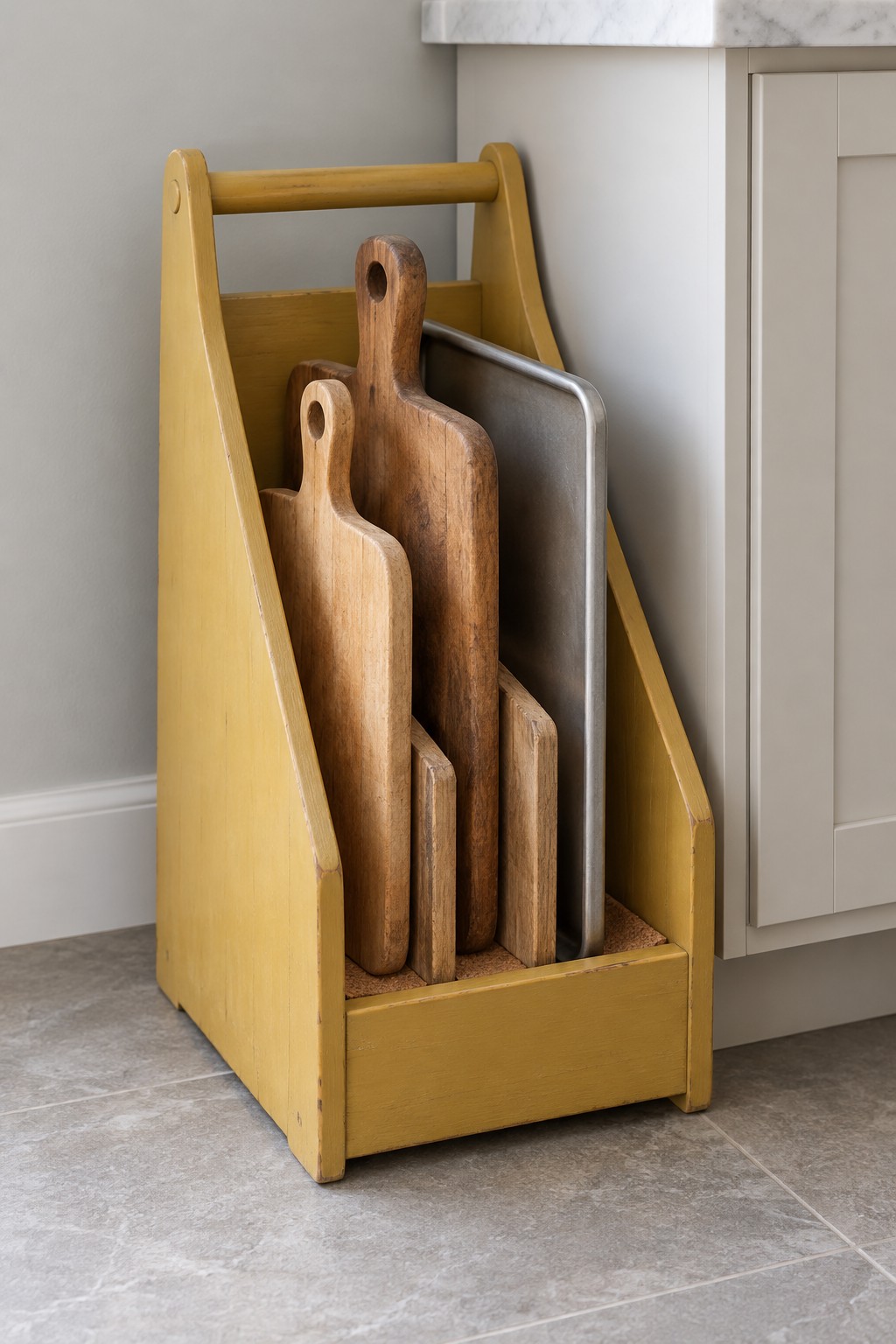 Mustard yellow wooden magazine rack holding upright cutting boards and a metal tray beside kitchen cabinets