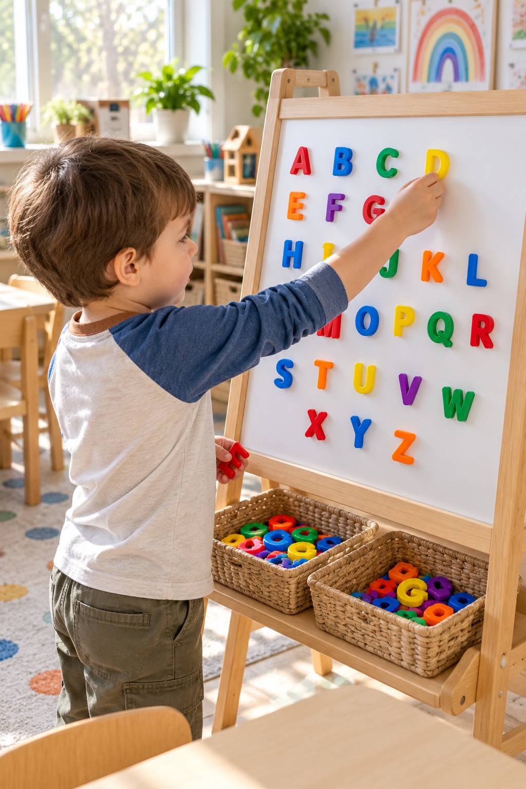 Children arranging colorful letters on a magnetic alphabet board