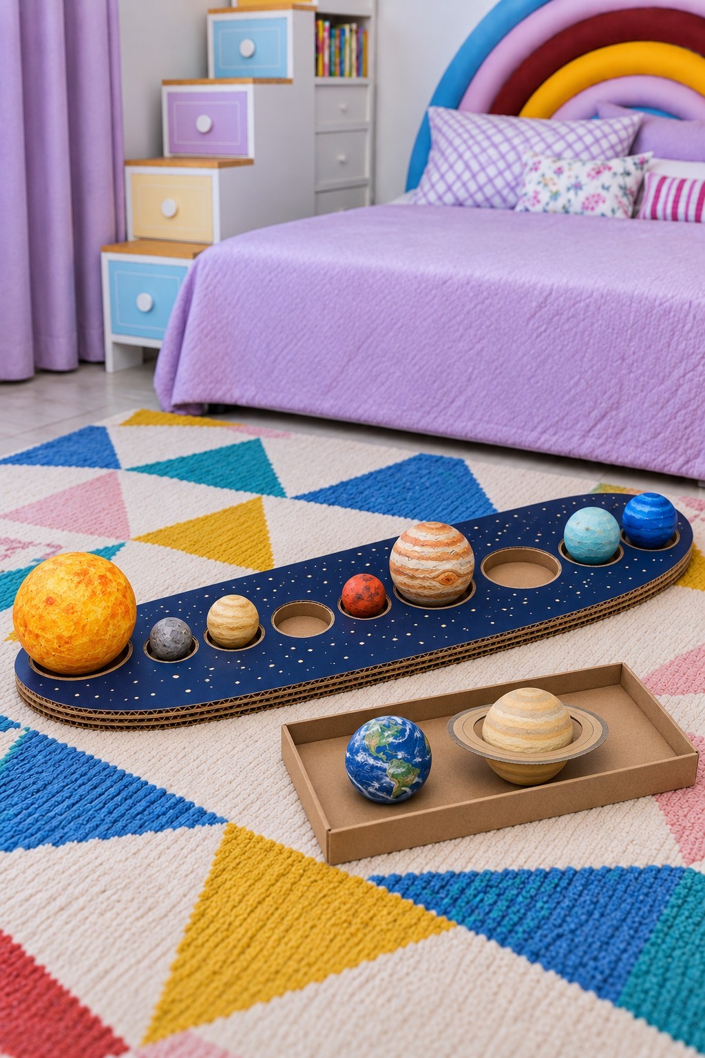 Layered navy cardboard solar system board with recessed seats and removable Earth and Saturn models in a tray