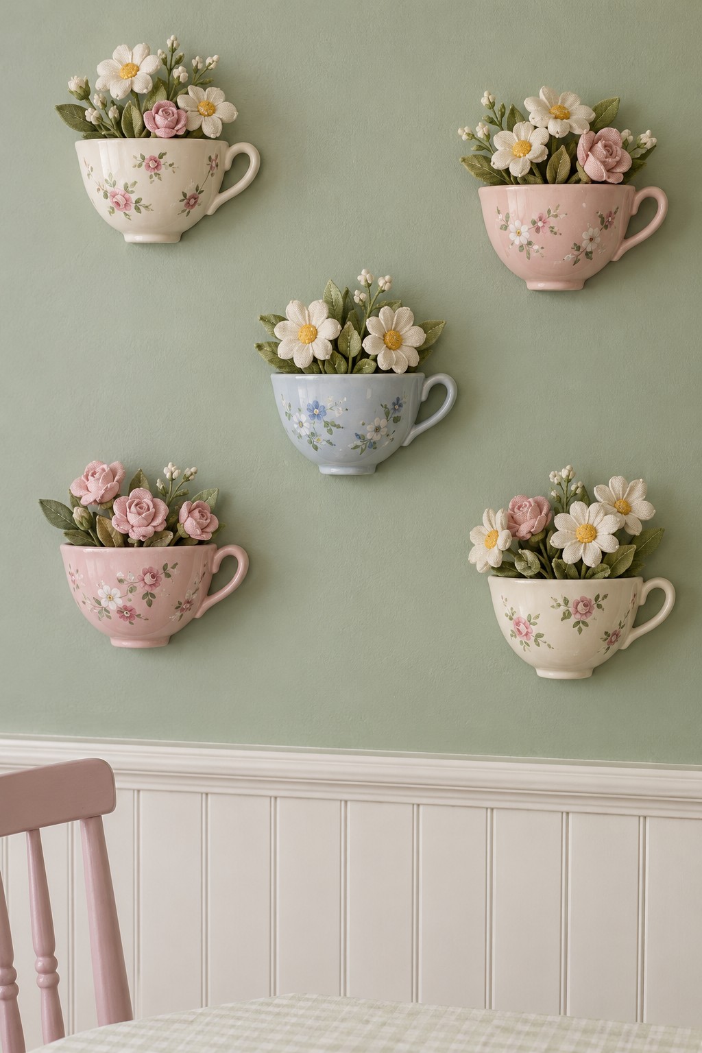 Five pastel floral teacup wall pockets filled with fabric daisies and roses against a sage wall