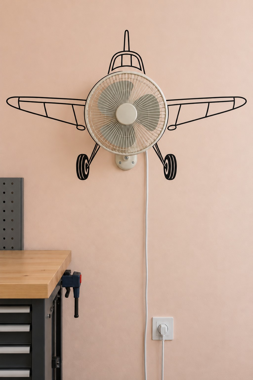 Round wall fan aligned with a front view airplane drawing on a peach wall above a desk