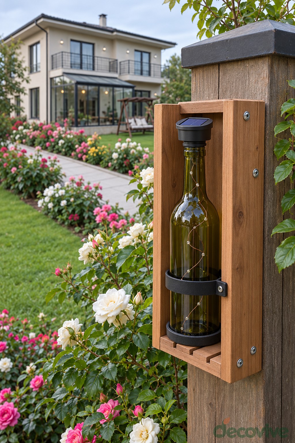 Green wine bottle lantern held against a wooden fence post