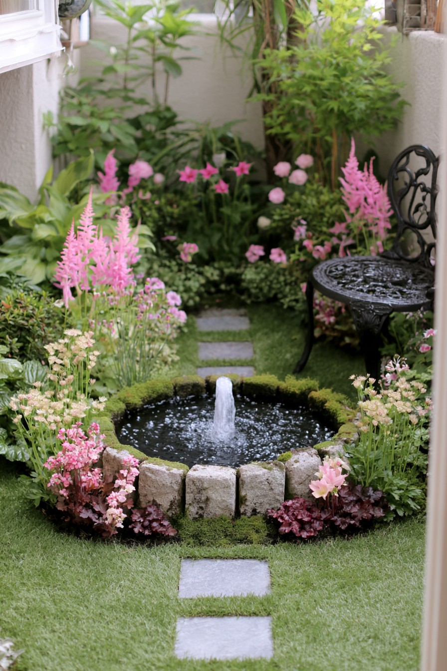 Mossy stone fountain surrounded by romantic Gothic planting