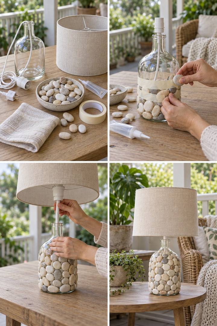 A glass bottle lamp being covered with pale pebbles and finished with a linen drum shade