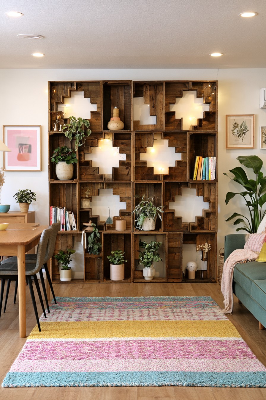 Geometric wooden crate divider with varied openings and display shelves