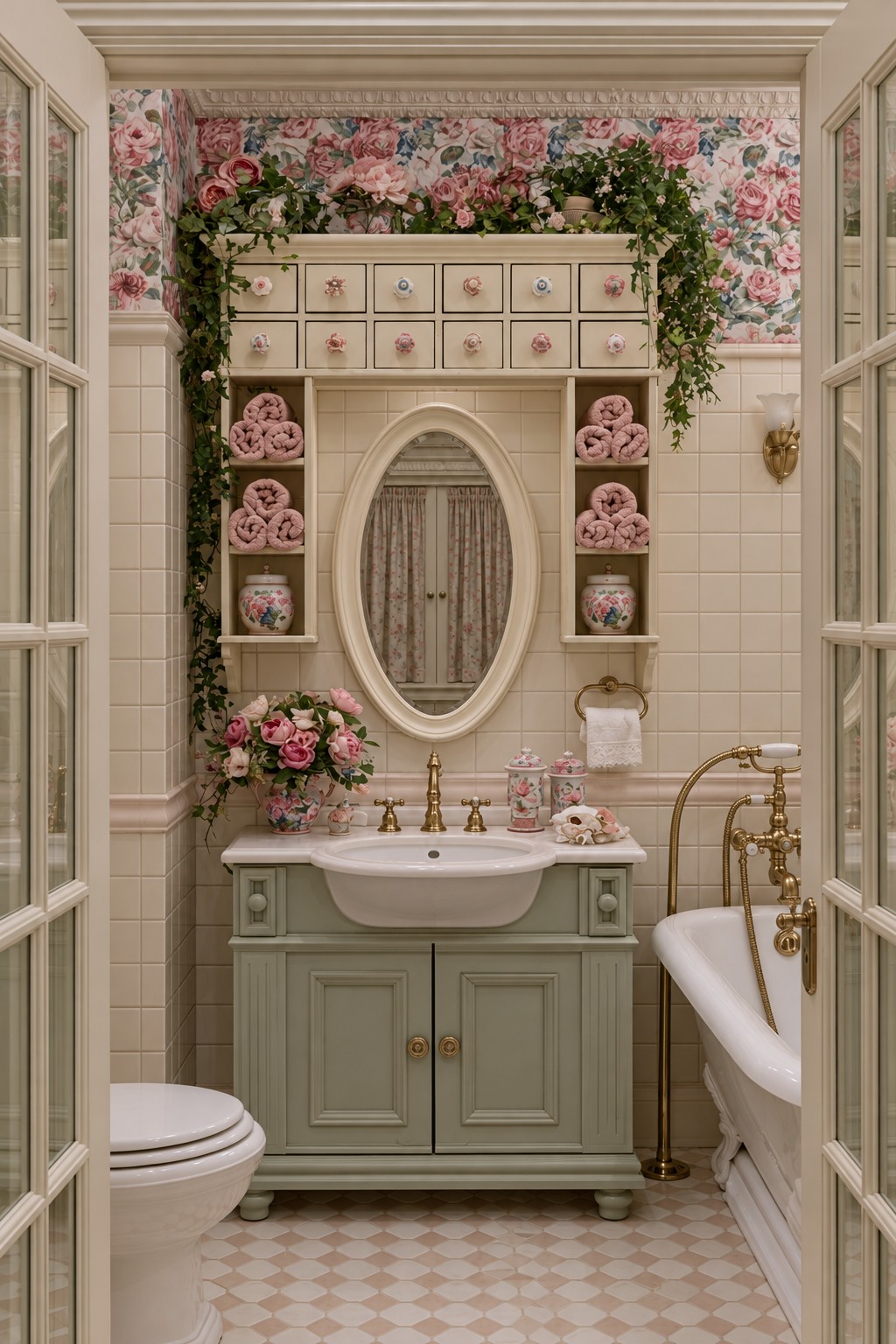 Sage vanity under an oval mirror surrounded by towel cubbies and a row of small drawers
