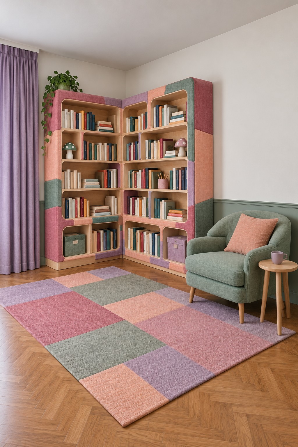 Corner bookcases with pink, sage, lilac and peach border panels beside a green chair and a patchwork rug