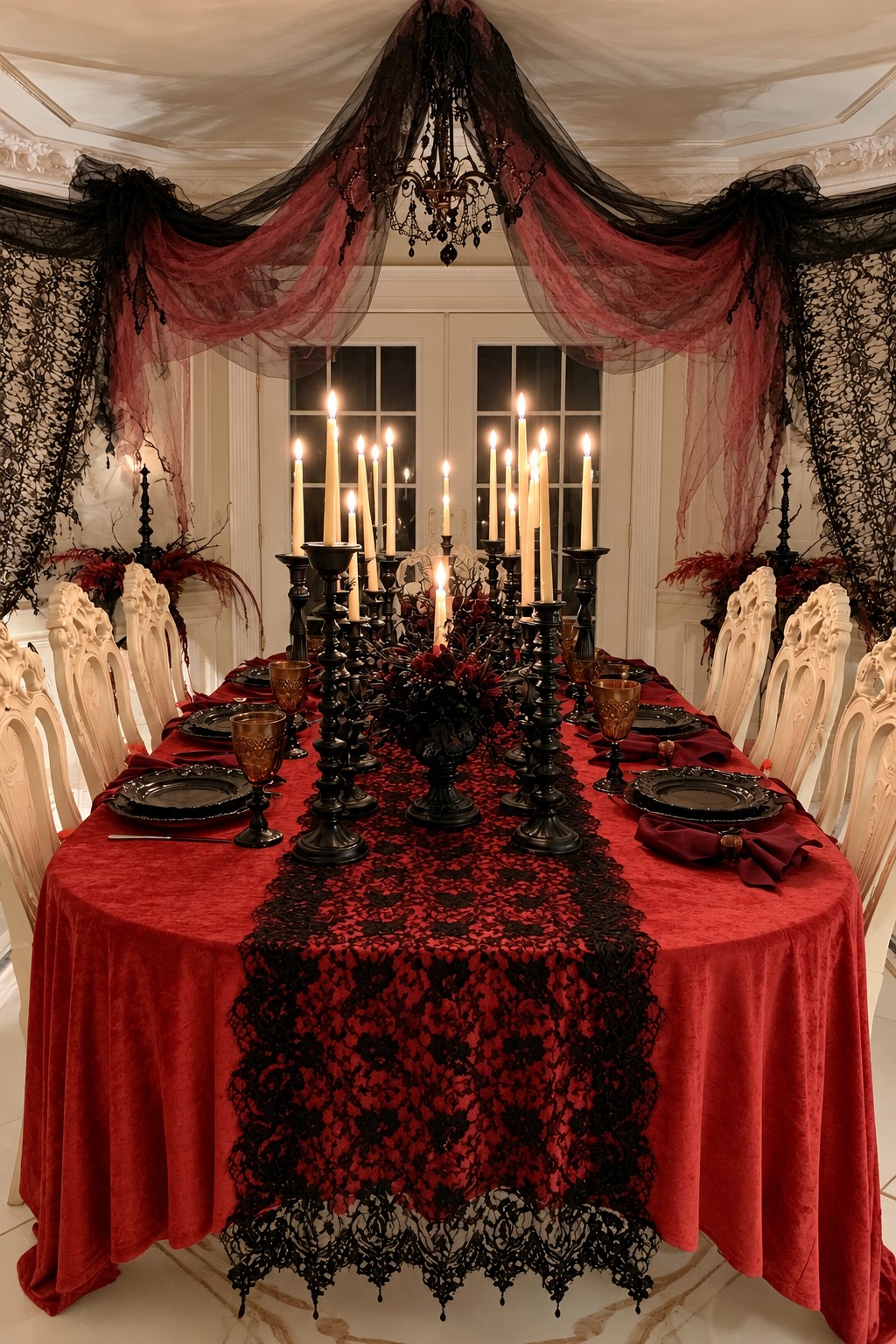 Red dining table with black lace runner, tall dark candleholders, and burgundy-and-black ceiling drapes