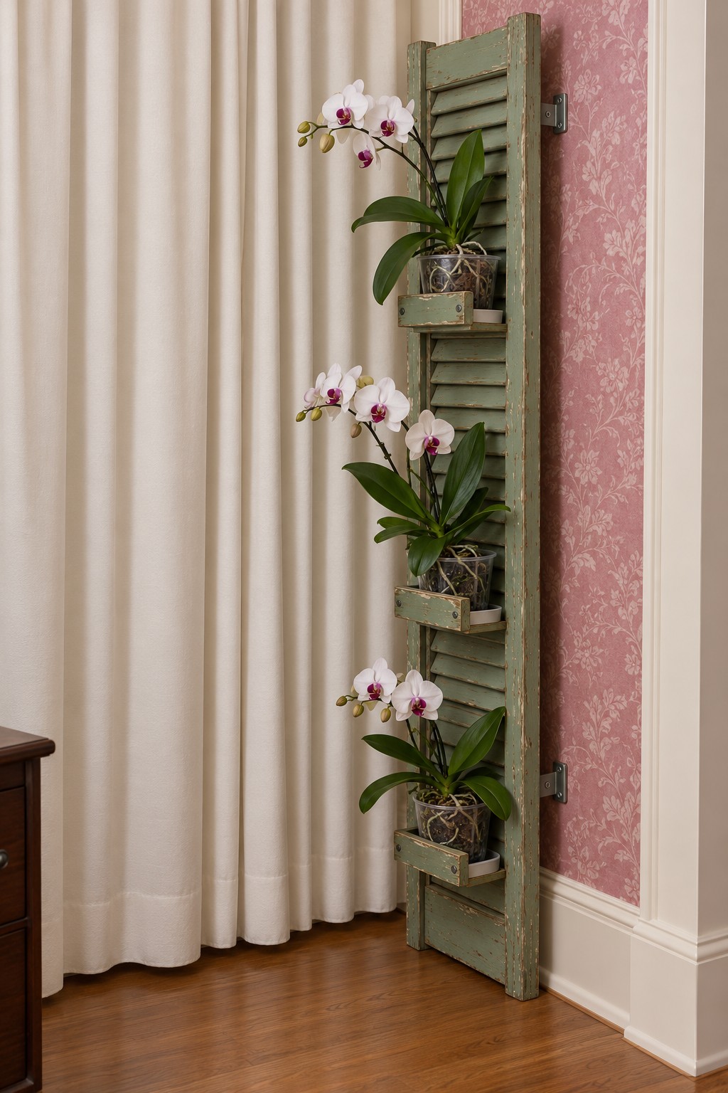 Sage green shutter with three small wooden holders containing white orchids with purple centers