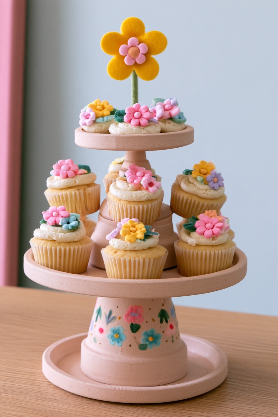 Hand painted terracotta pot cupcake stand on a dessert table