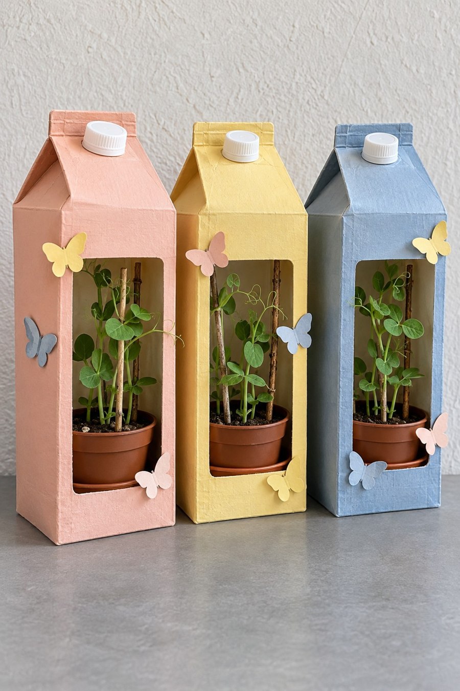 Three pastel milk carton frames surrounding small potted seedlings