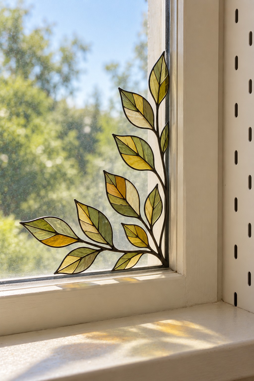 Green and amber stained glass effect leafy branch decorating a window corner
