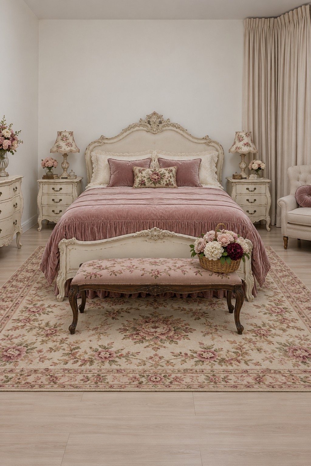 Ornate cream bed with a dusty rose coverlet, floral upholstered bench, and muted floral rug