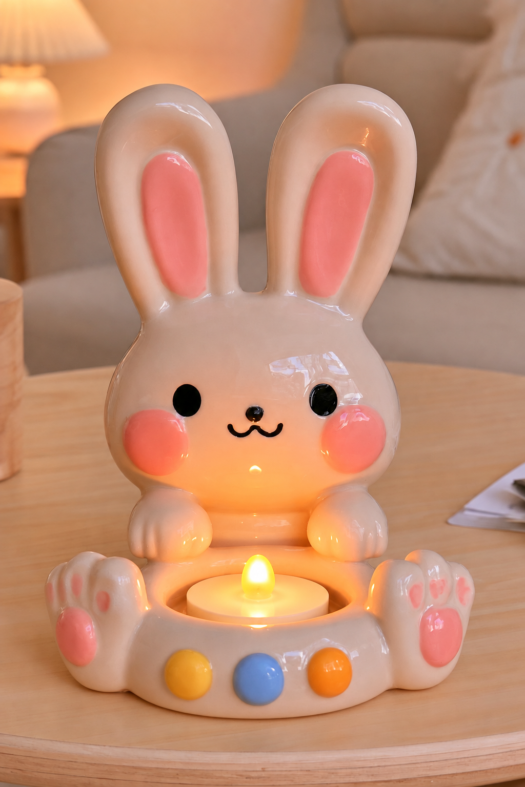 Cream bunny with pink ears and a removable flameless electric tealight between its paws