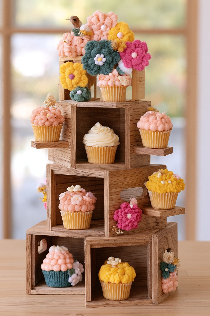 Stacked vintage wooden crate cupcake stand on a dessert table