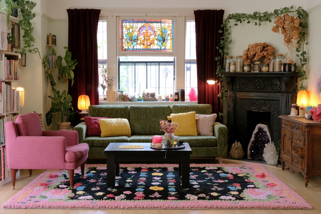 Moss green sofa and pink armchair in a pale room with burgundy curtains, colored glass, a floral rug, and a black fireplace