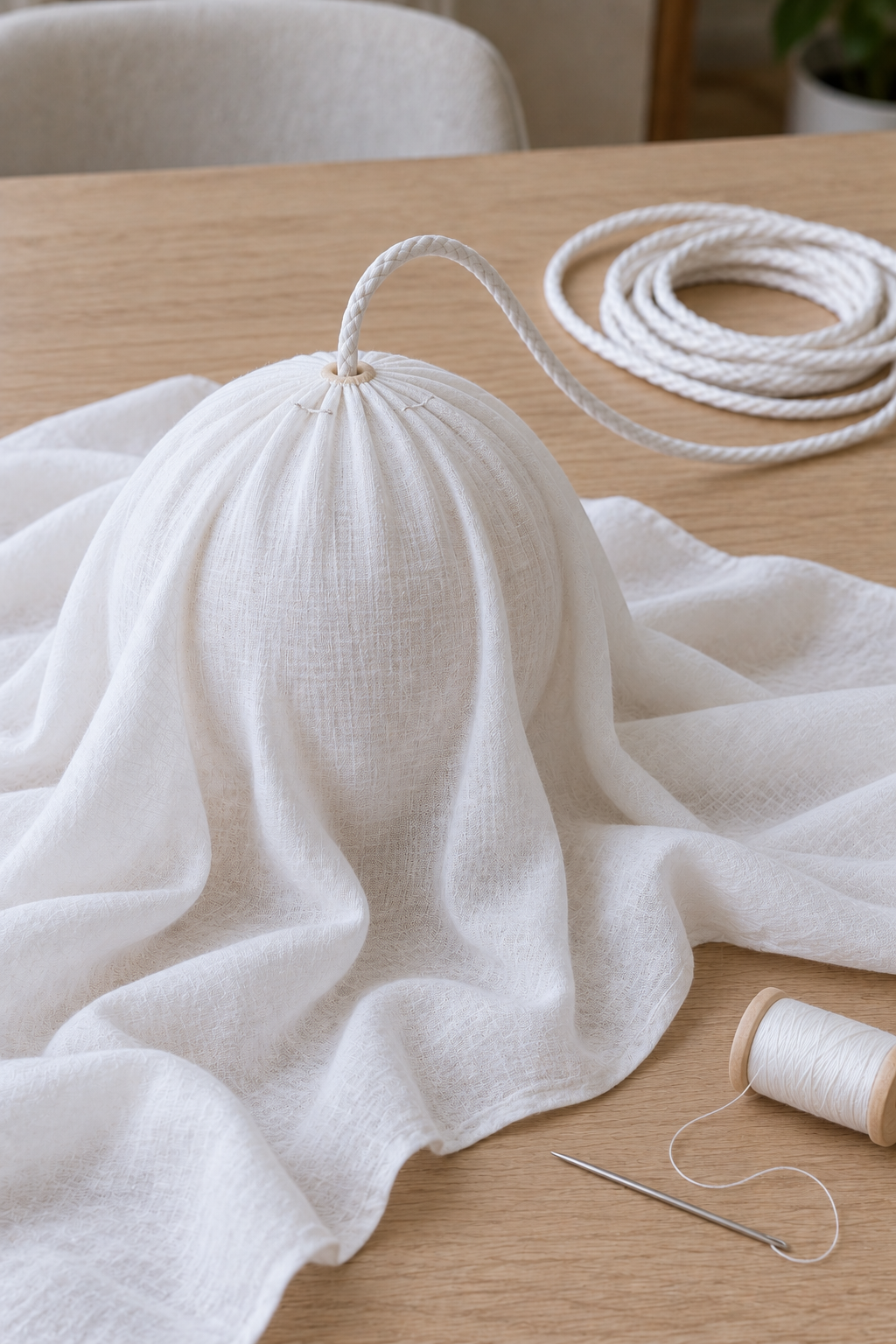 White sheet draped over the rounded head with its hanging cord passing through a reinforced central opening.
