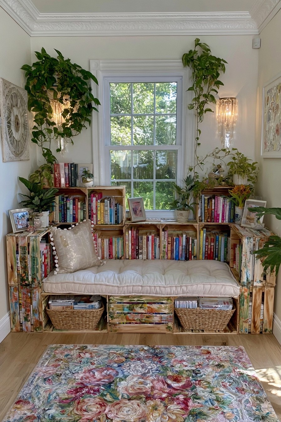 Reading nook with wooden crate book storage and a cushioned seat