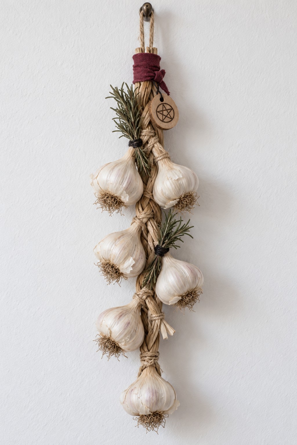Decorative garlic braid with rosemary sprigs, burgundy fabric at the top and a small wooden pentagram tag