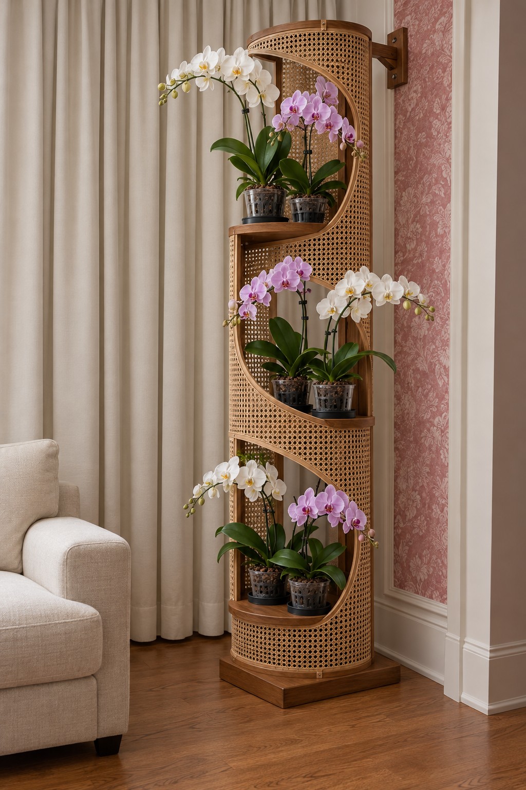 Tall curved cane front cabinet with three open niches holding paired orchids