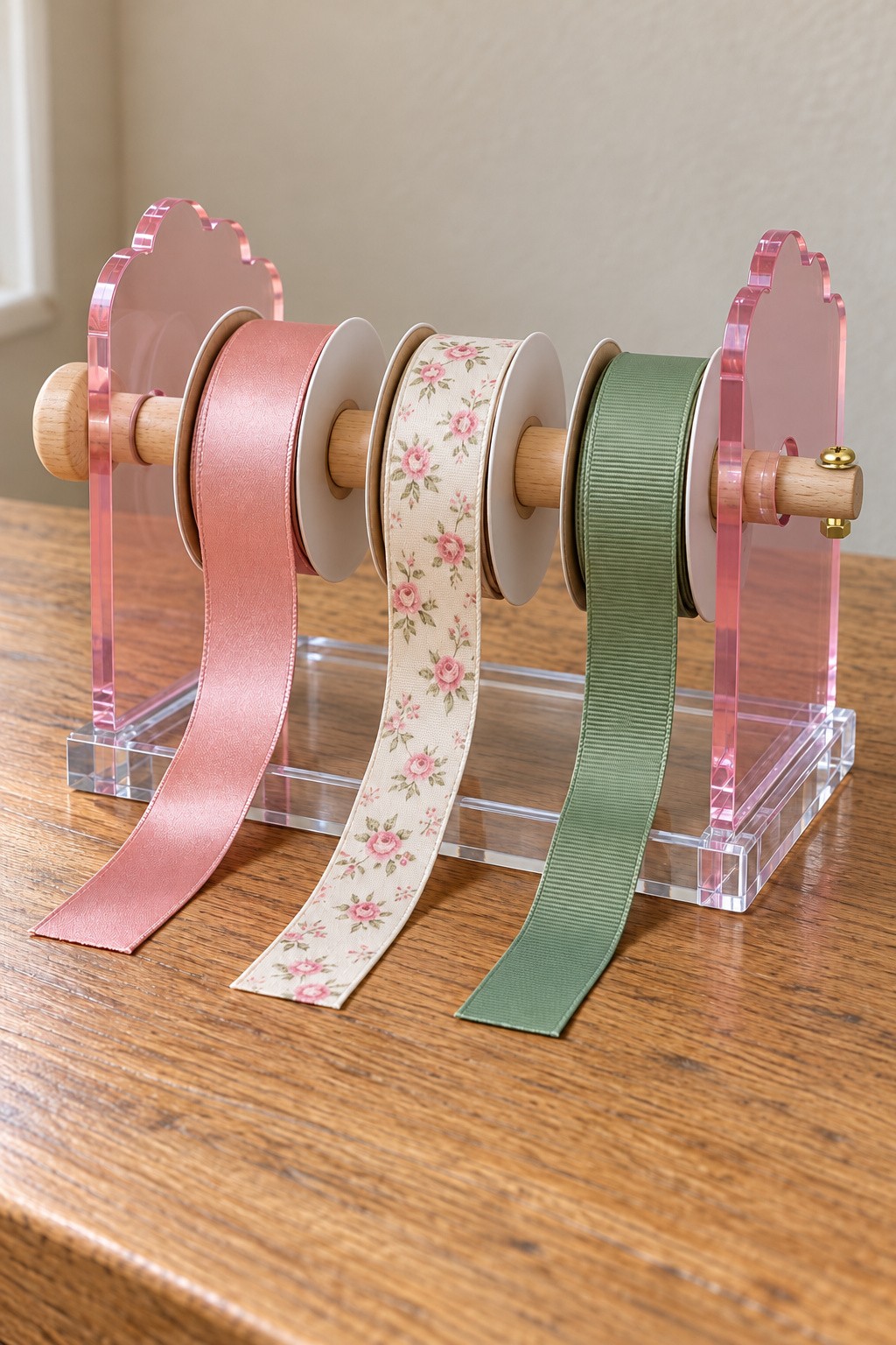 Pink scalloped acrylic rack holding ribbon spools on a removable wooden dowel