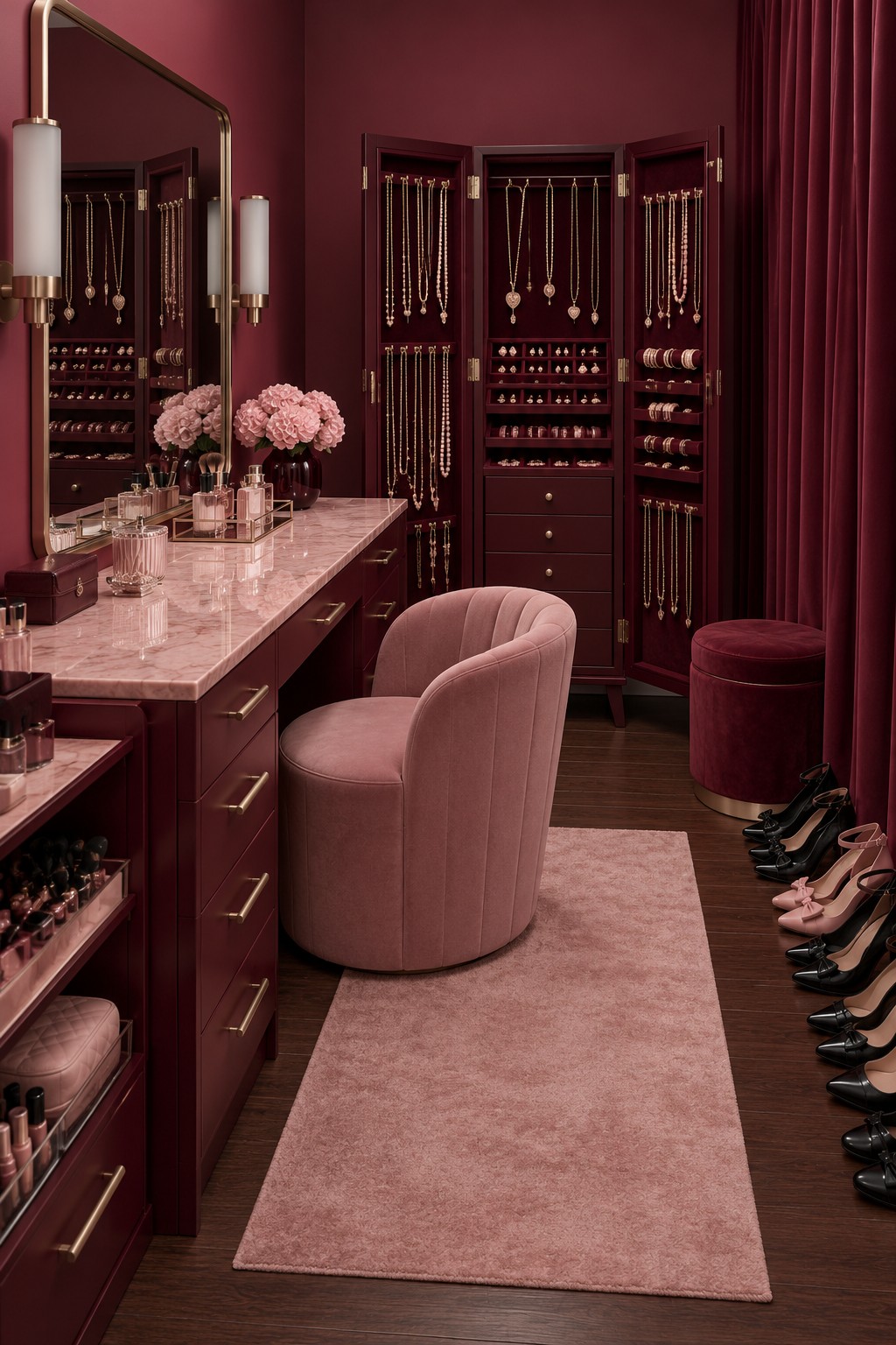 Burgundy dressing room with a pink veined countertop, rose chair, open jewelry cabinet, and matching runner