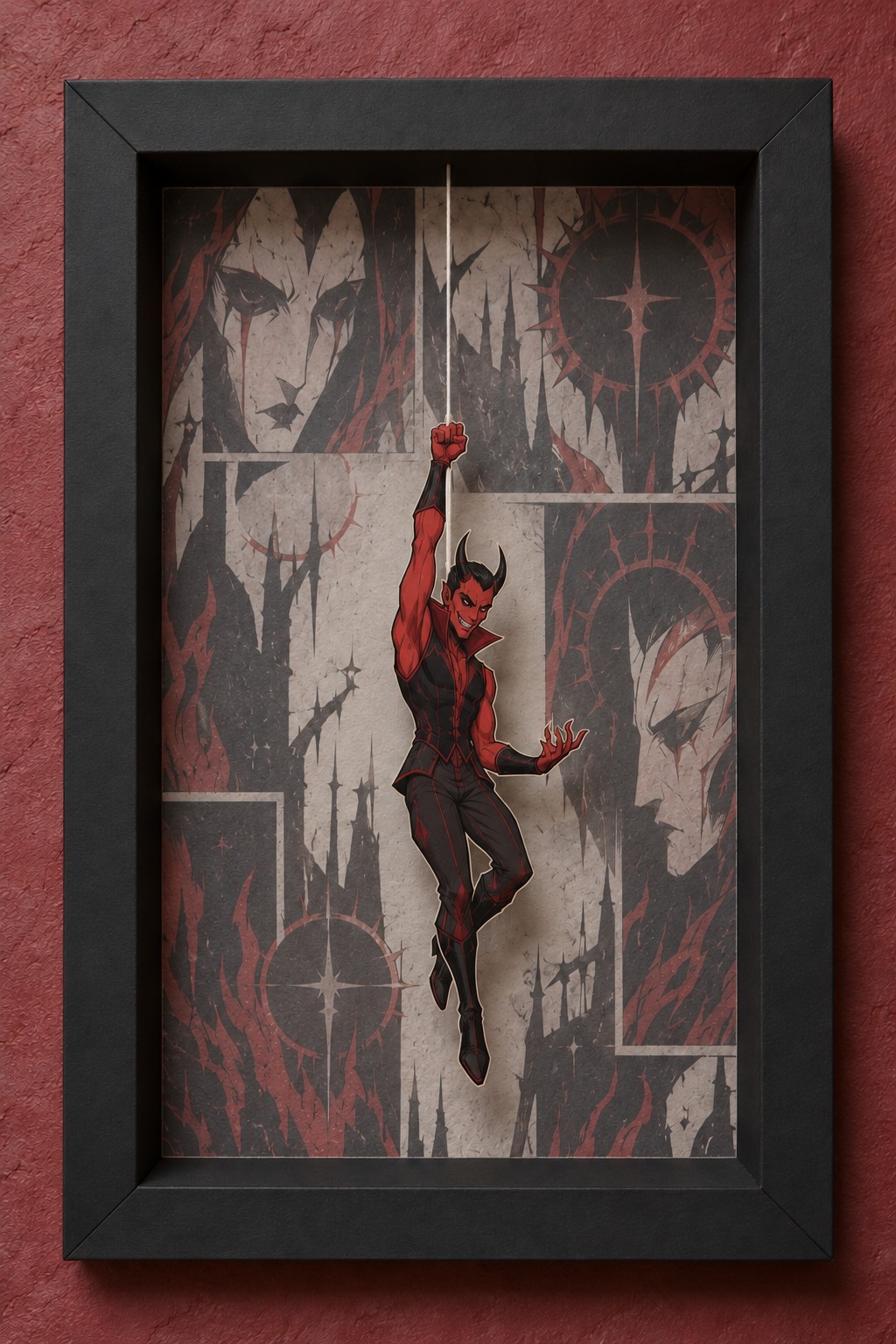 Red horned acrobat suspended inside a black frame against dark castle and thorn illustrations