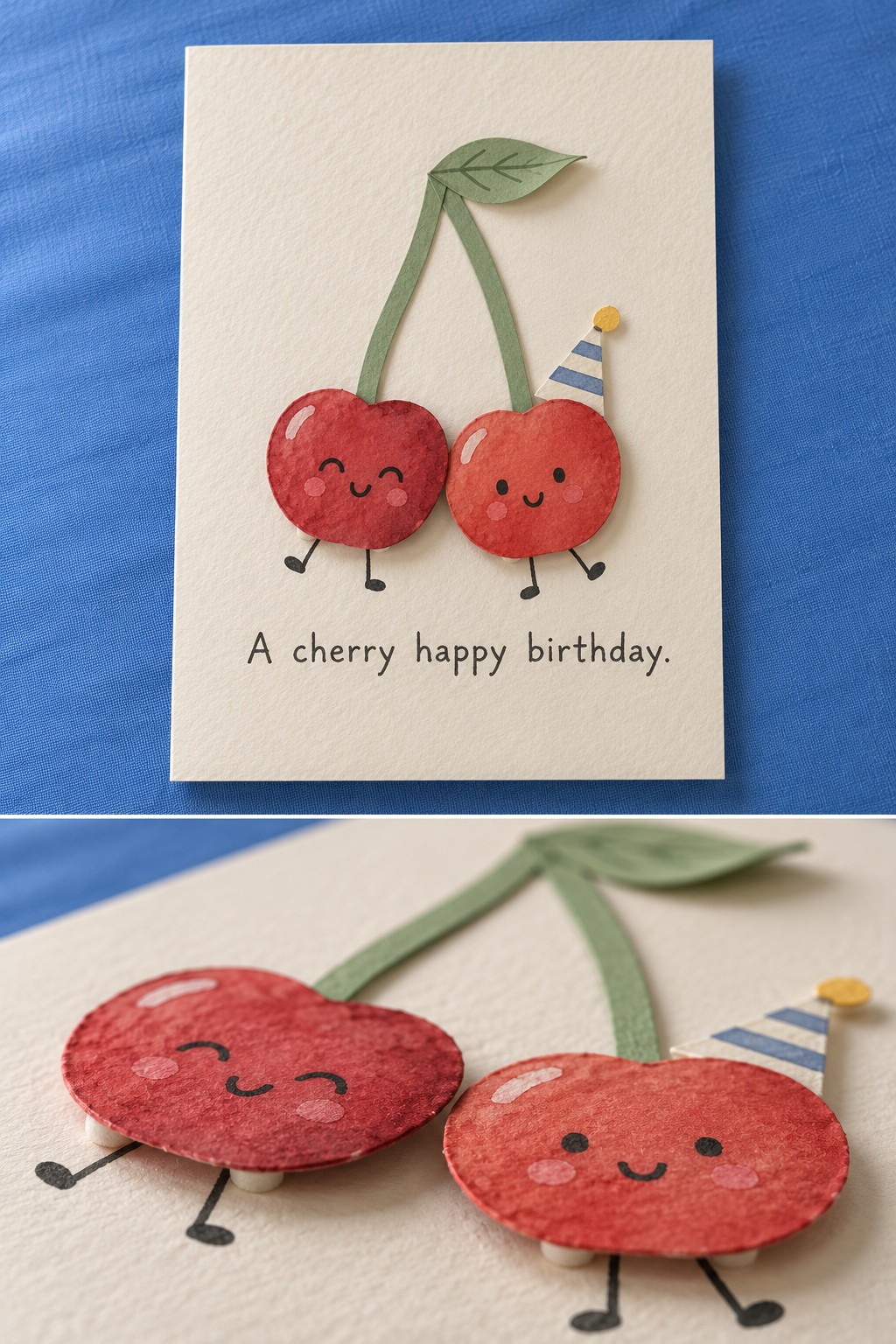 Cream cherry birthday card and detail of the thin foam supports behind the smiling red paper fruit