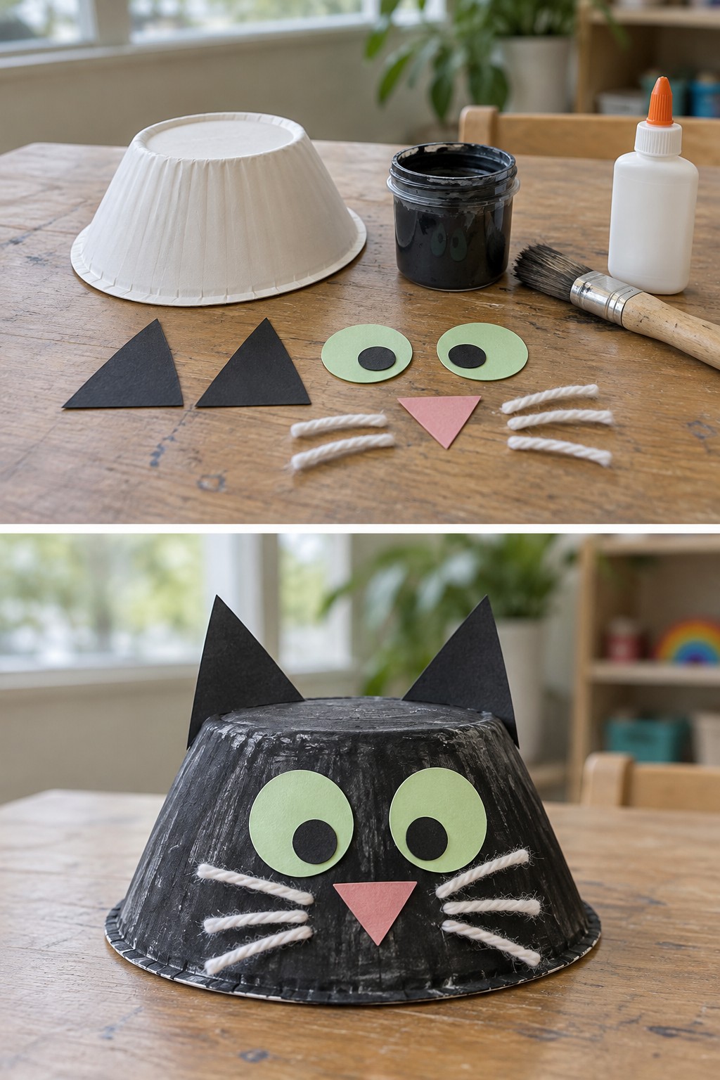 Paper bowl and cat features above a black bowl cat with green eyes and white yarn whiskers