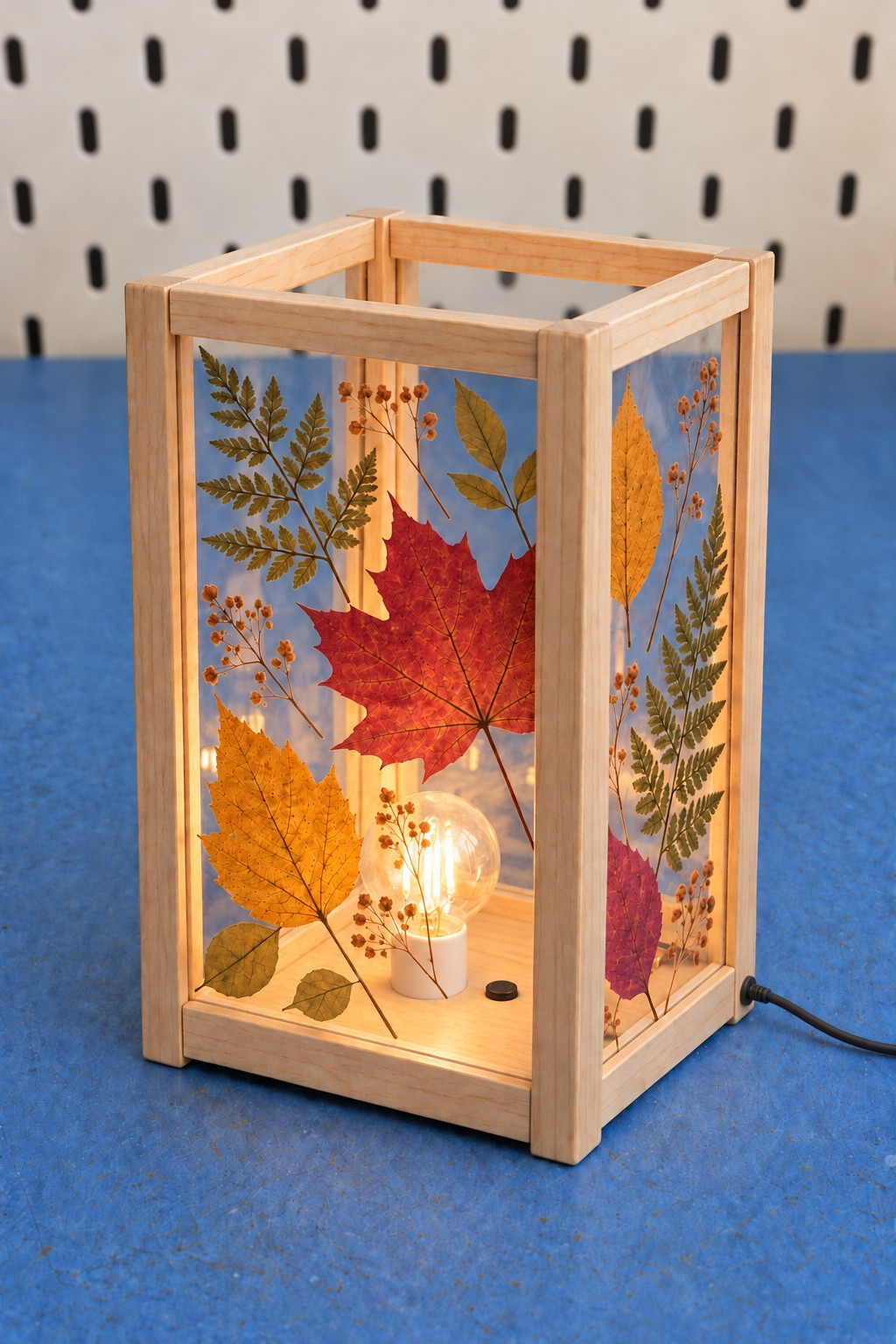 Wooden lantern with pressed maple leaves and fern details on transparent panels around warm lighting