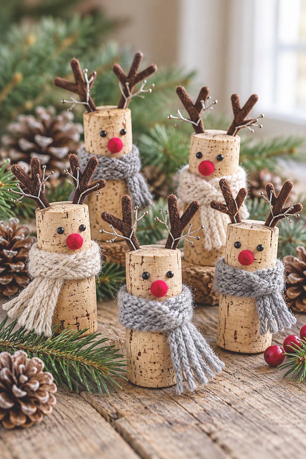Upright cork reindeer with branching antlers and yarn scarves