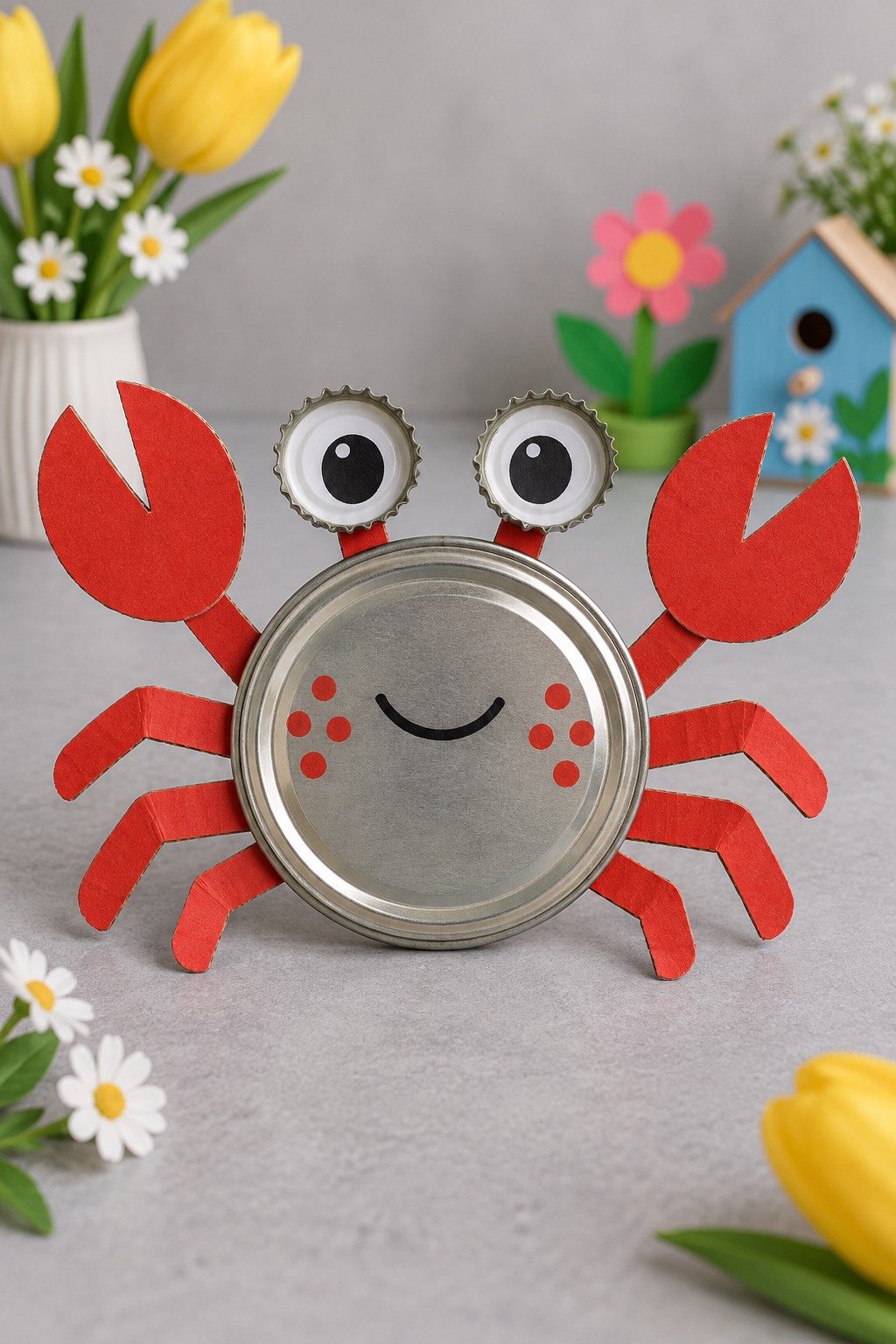 Smiling metal lid crab with red cardboard claws and legs and two raised bottle cap eyes