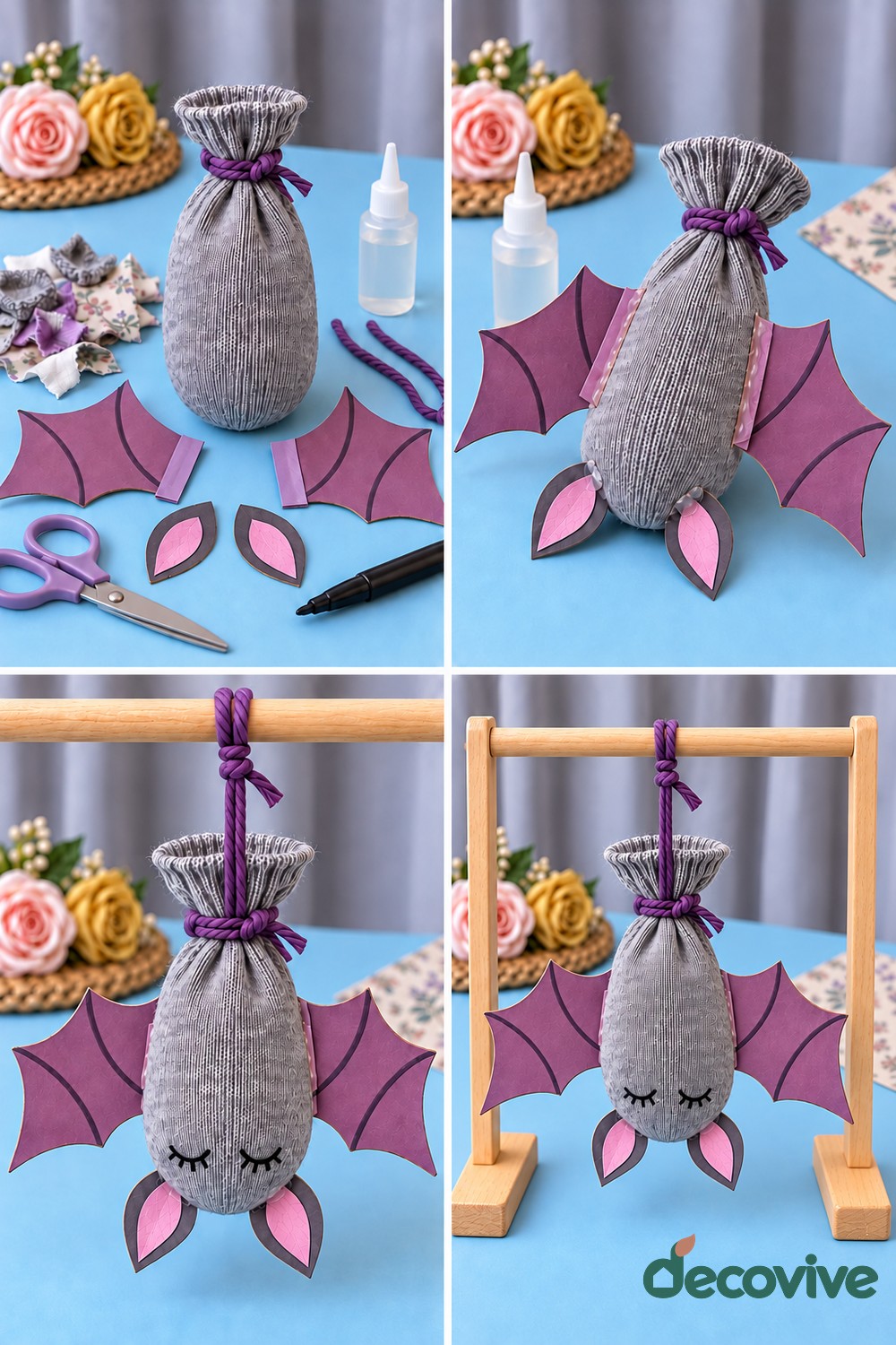 Making sequence for a hanging sock bat with felt wings