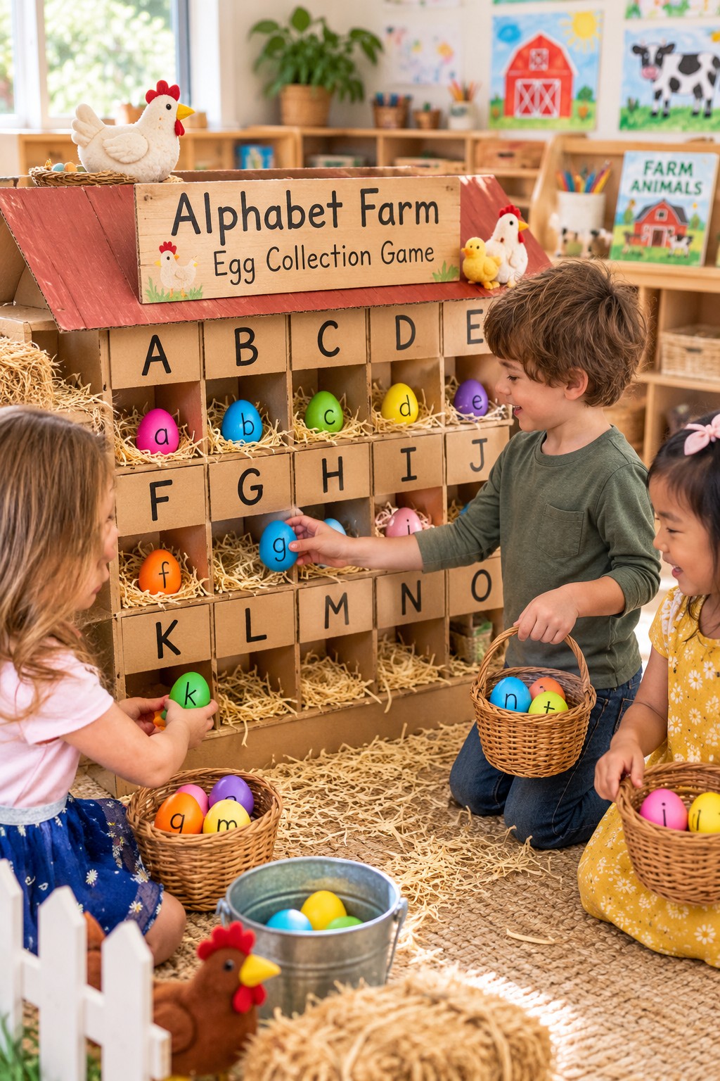 Lowercase pretend eggs paired with uppercase farm nest labels