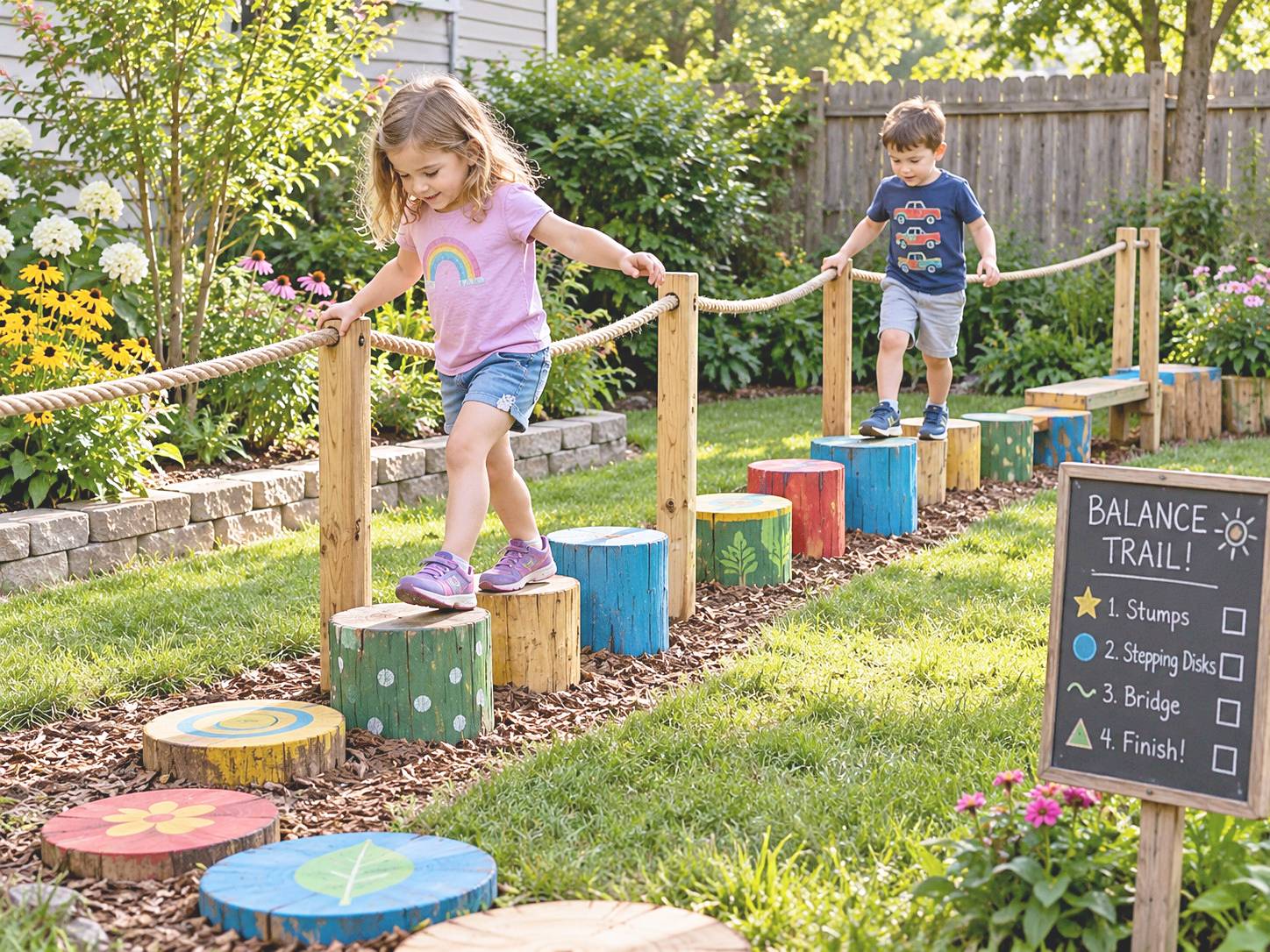 Children stepping along painted wooden rounds and stumps beside rope supports