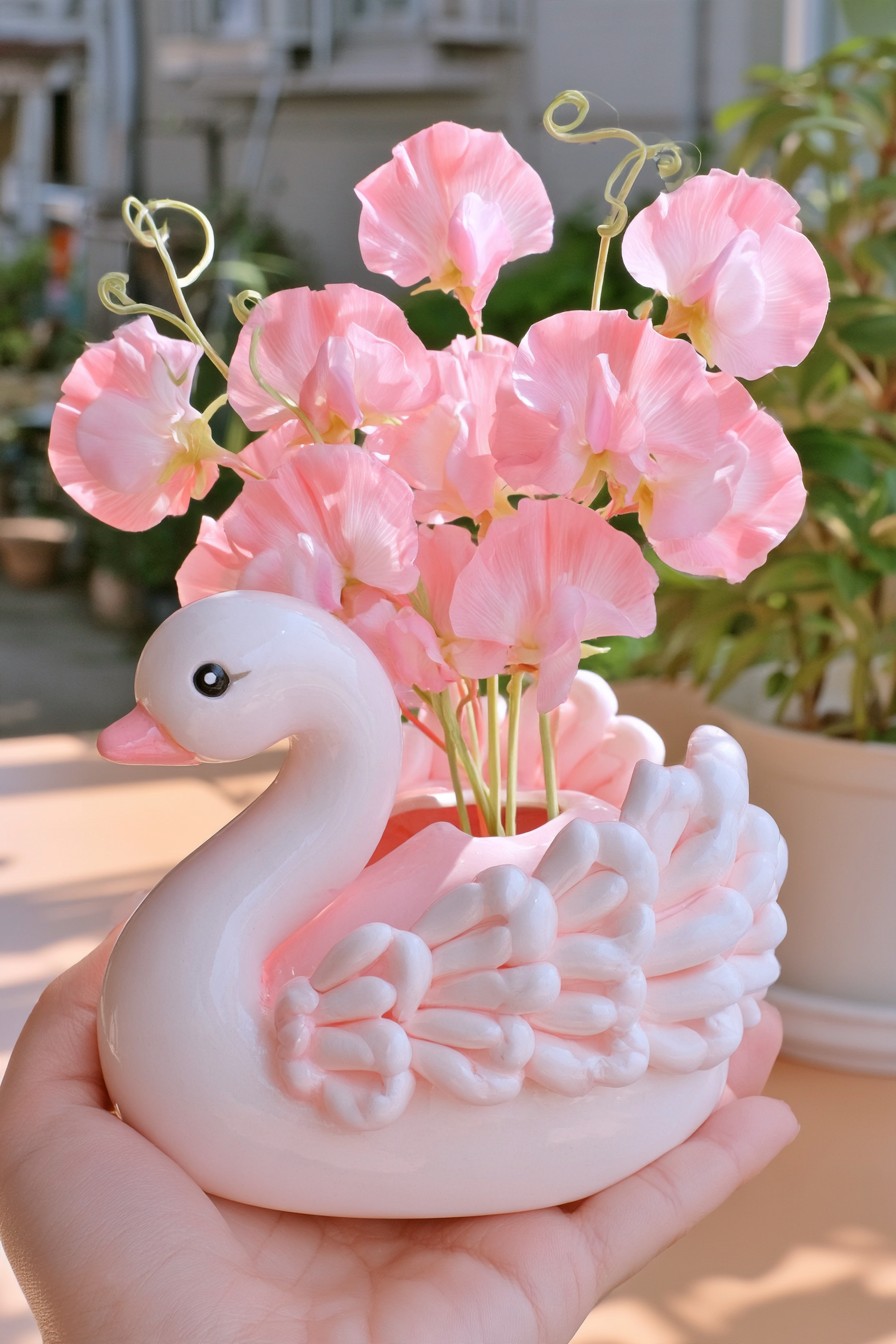 White swan shaped flower holder with sculpted wings and an airy arrangement of pink flowers
