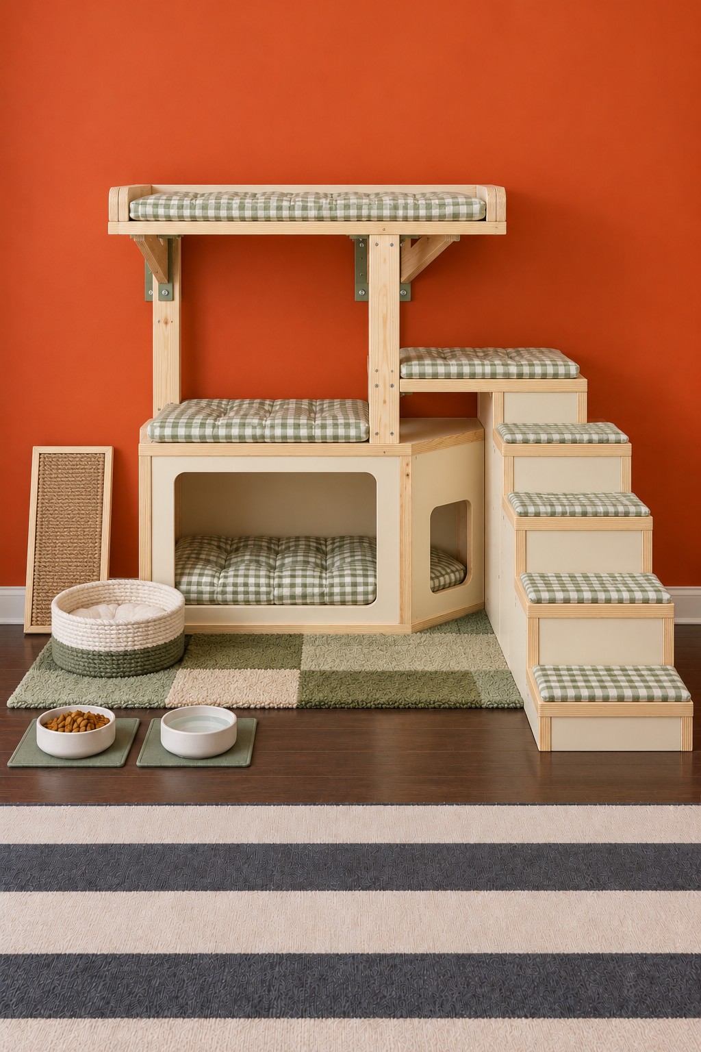 Natural wood cat tower with green gingham beds, a lower den, and a long right staircase