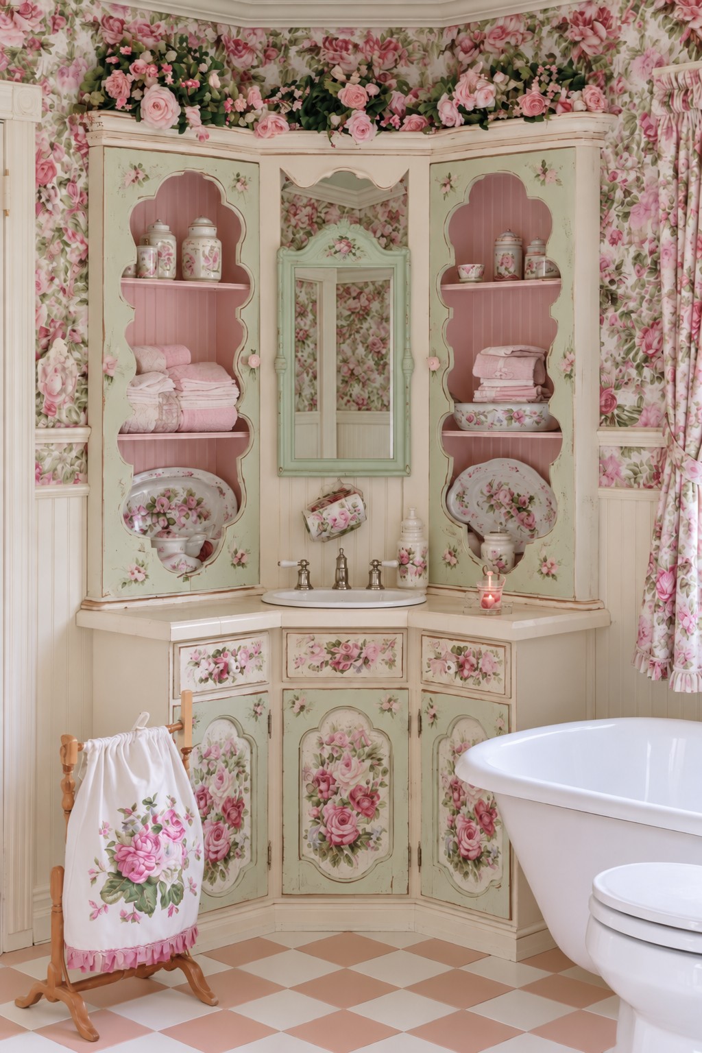 Corner vanity with cream and sage floral doors, pink backed display niches, and a pastel checkerboard floor