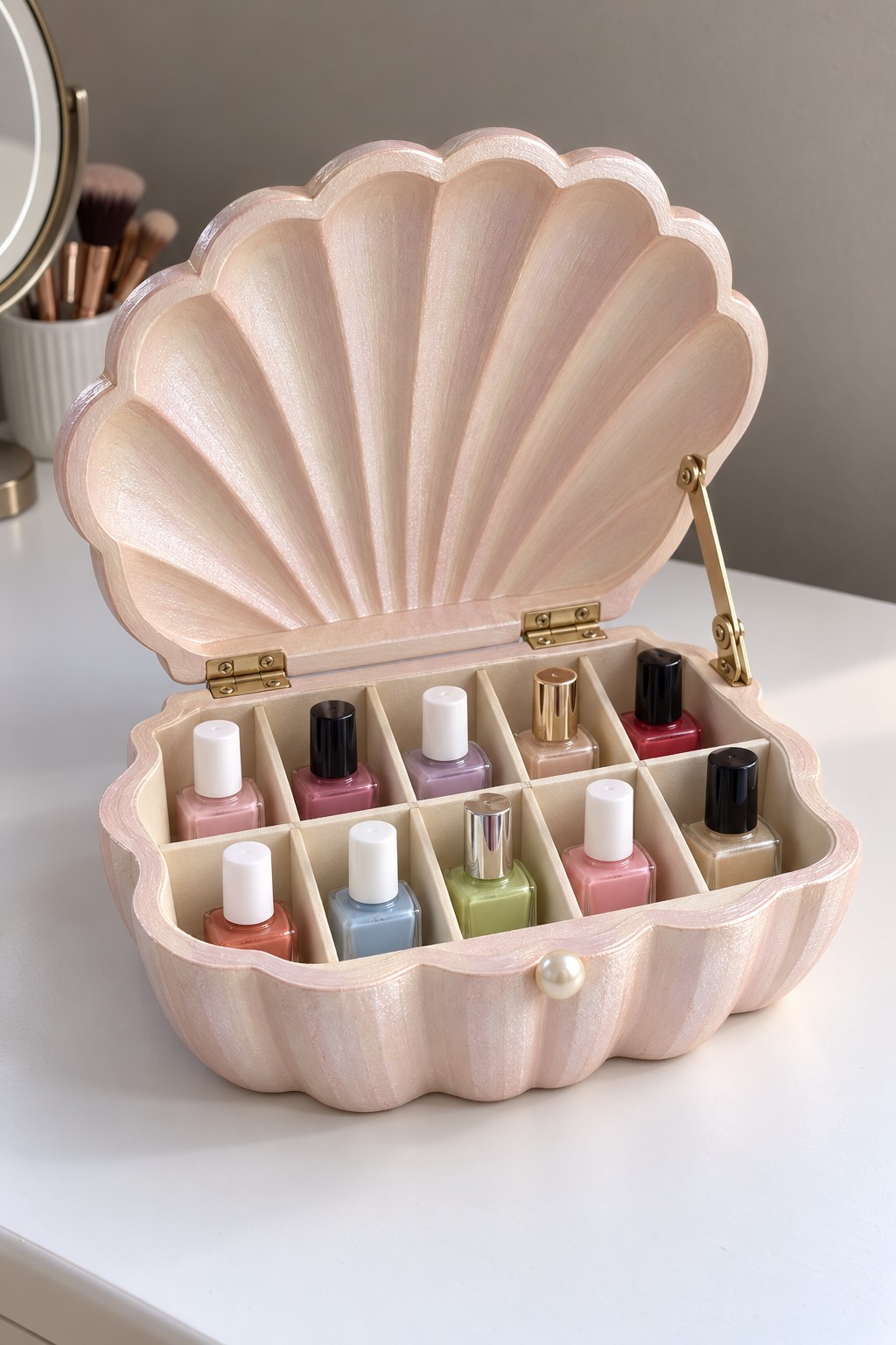 Open pearlescent shell shaped nail polish box with divided interior, brass hinges, and lid support