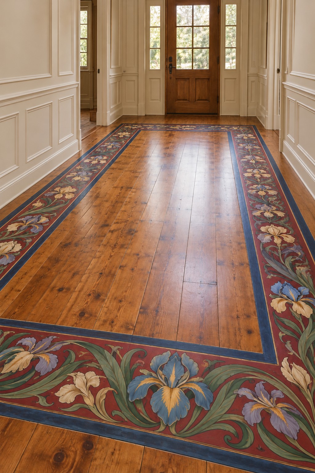 Broad red entry hall border with blue and cream iris flowers, green leaves, and a narrow blue outline