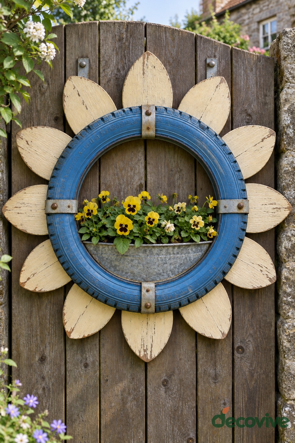 Blue tire ring surrounded by cream wooden petals with a galvanized planting pocket holding yellow pansies