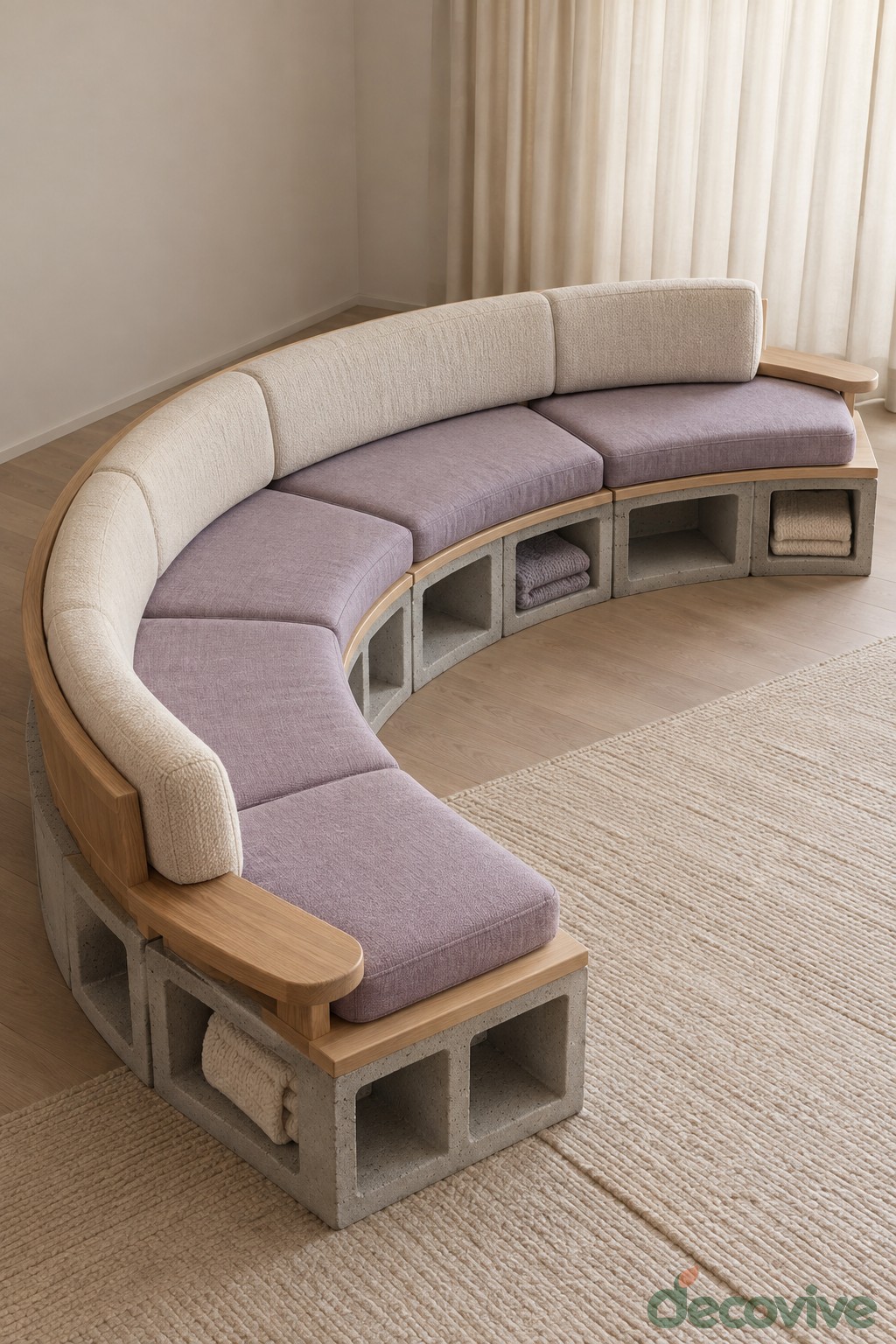 Curved upholstered sofa with pale cushions and concrete block cubbies beneath