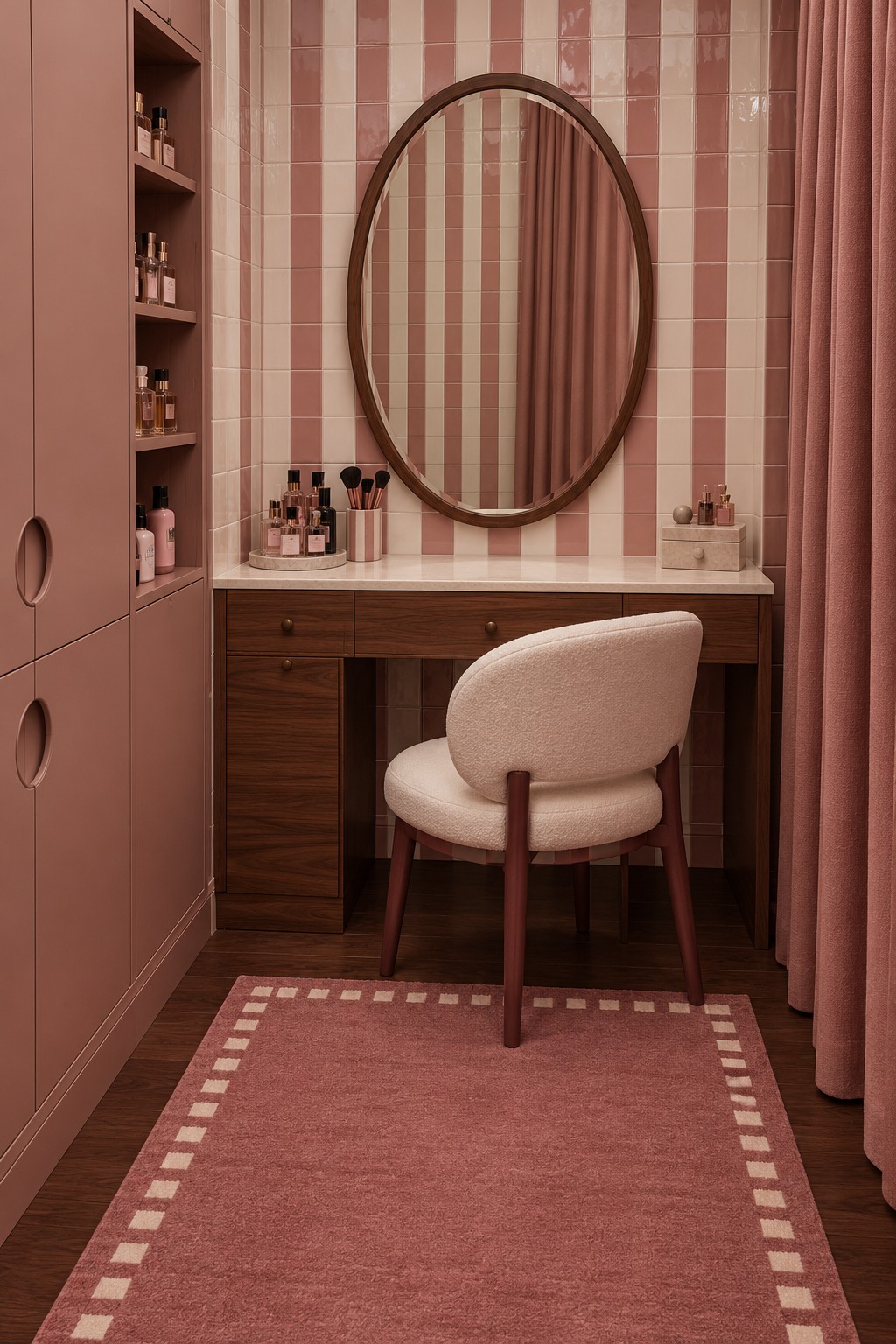 Pink and cream striped vanity wall with an oval wood mirror, wooden desk, pale chair, and rose rug