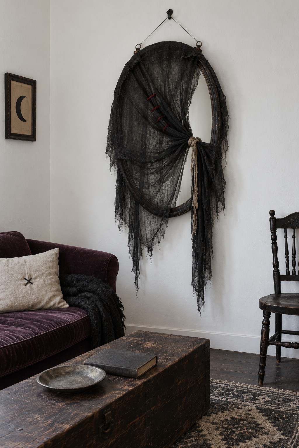 Dark oval wall frame draped with frayed black gauze, burgundy stitches and a natural cord tie at one side