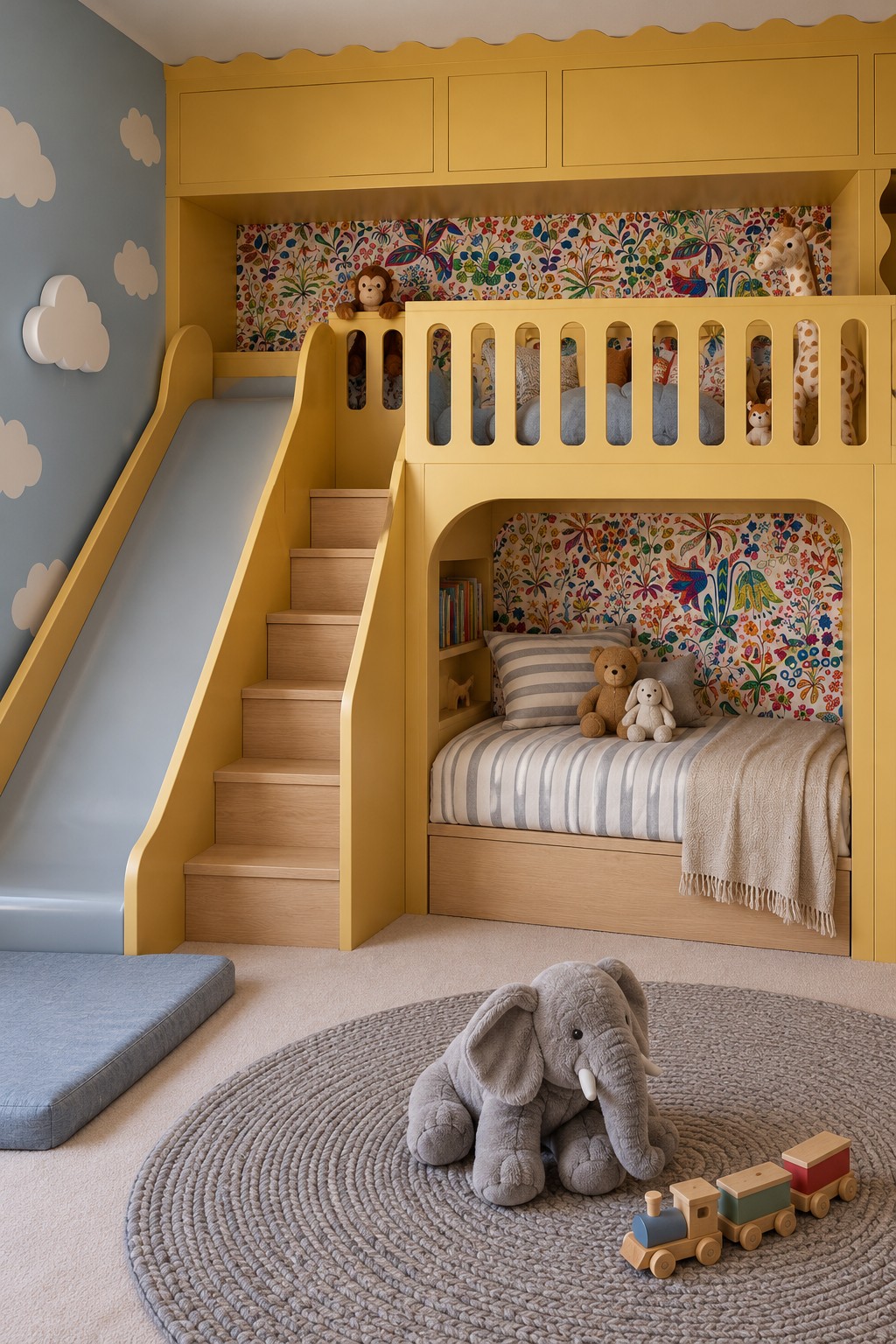 Butter yellow raised bed with a pale blue slide, central staircase, lower bed nook, and cloud wall decoration