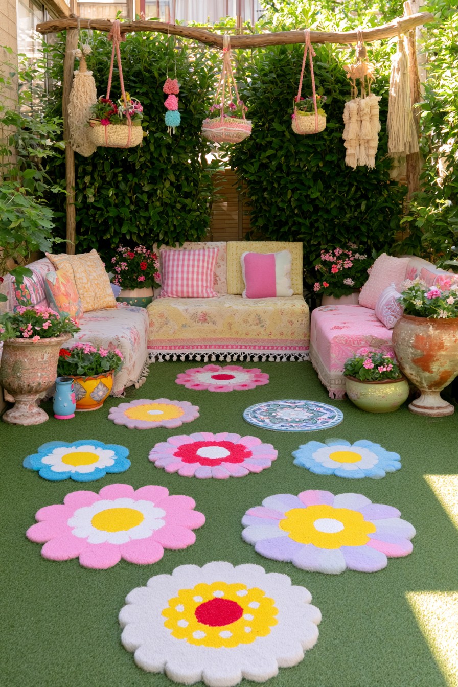 U-shaped floral garden sofas with hanging planters and colorful flower-shaped floor accents