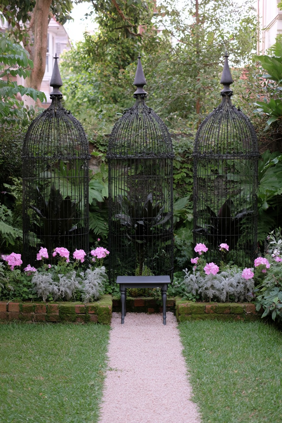 Three tall pointed black wire plant cages at the back of a flowering border