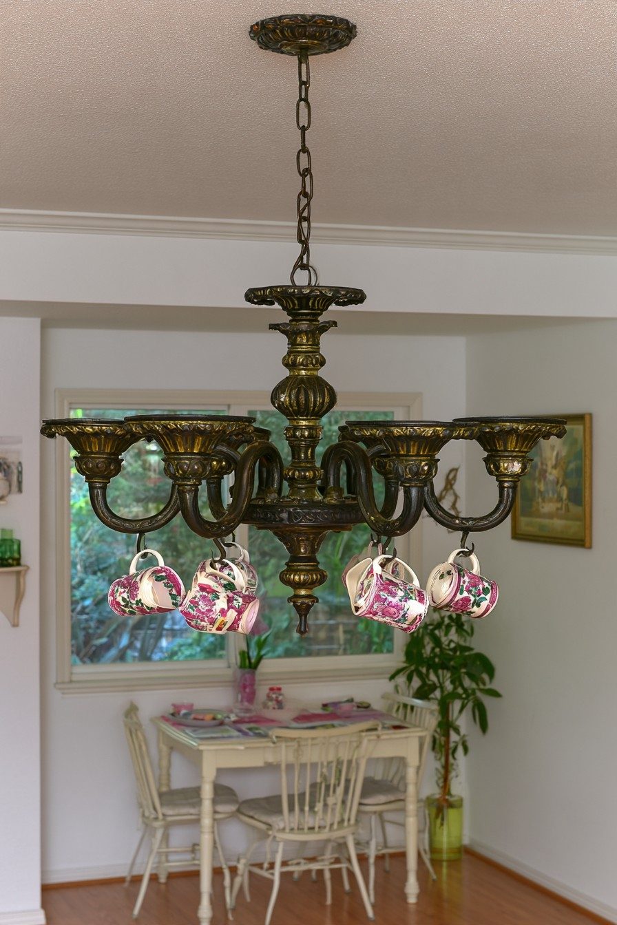 Dark bronze chandelier with floral mugs hanging from hooks above a breakfast table