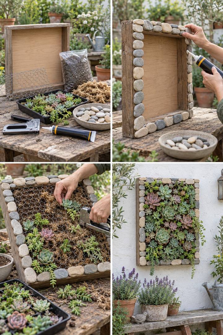 A deep timber frame fitted with plant retaining mesh, succulents, and a gray and cream pebble border